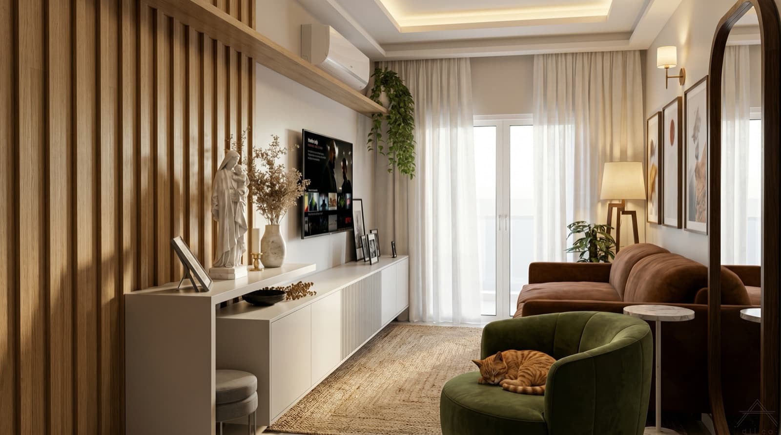 Sala com painel ripado de madeira, poltrona de veludo verde e gato deitado