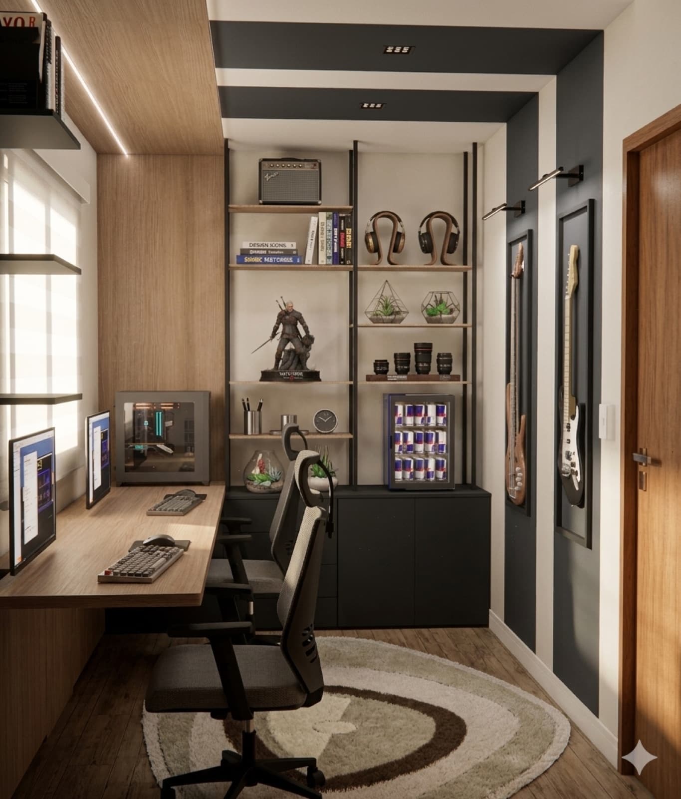 Home office com estante metálica, objetos de coleção e luz natural