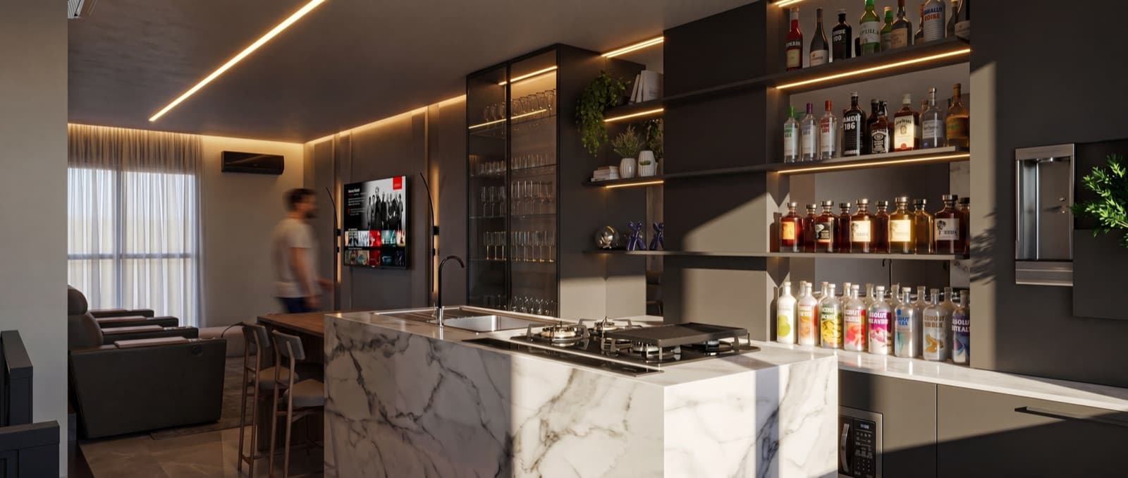 Espaço gourmet com bancada de mármore e prateleiras iluminadas