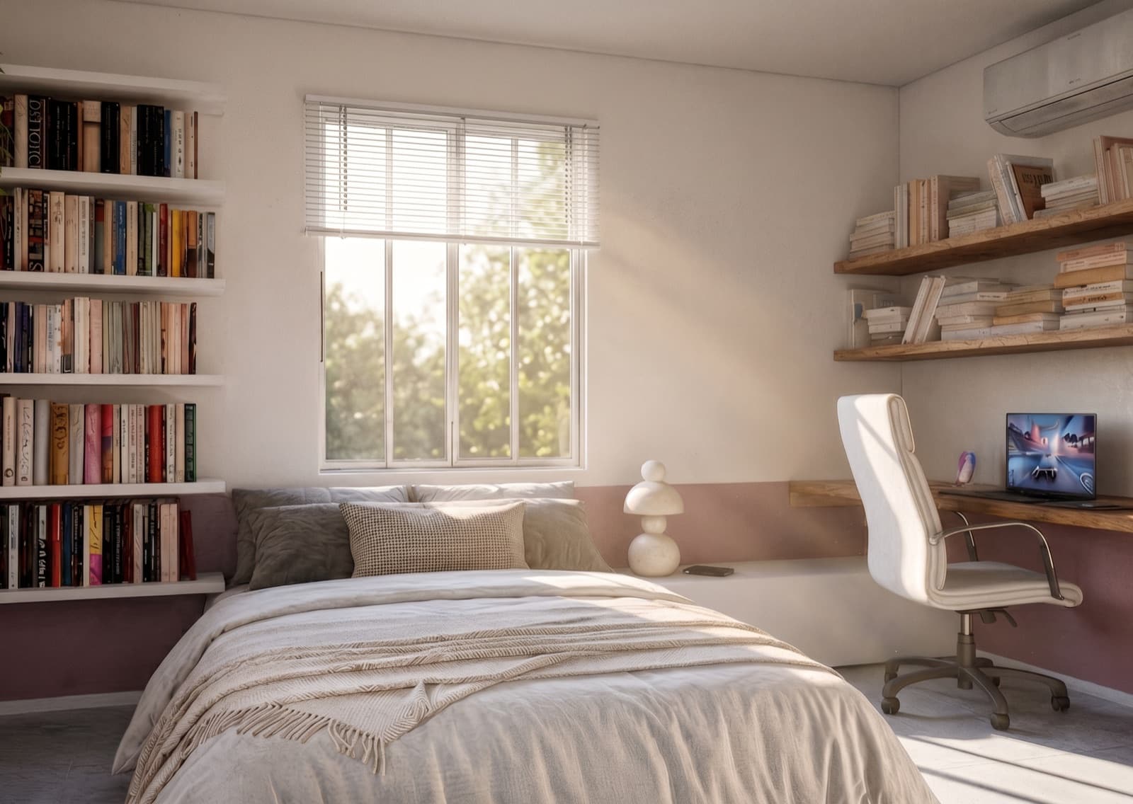 Quarto iluminado pelo sol com estantes de livros e bancada de trabalho em madeira