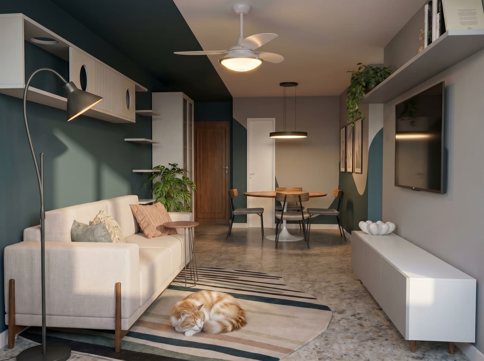 Sala de estar com sofá claro, teto verde-escuro, piso de granilite e gato dormindo no tapete