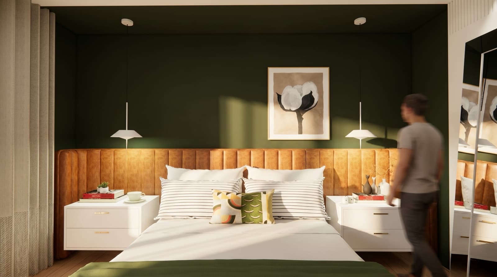 Quarto com parede verde-oliva, cabeceira de couro caramelo e roupa de cama clara, projeto do Pecan Studio