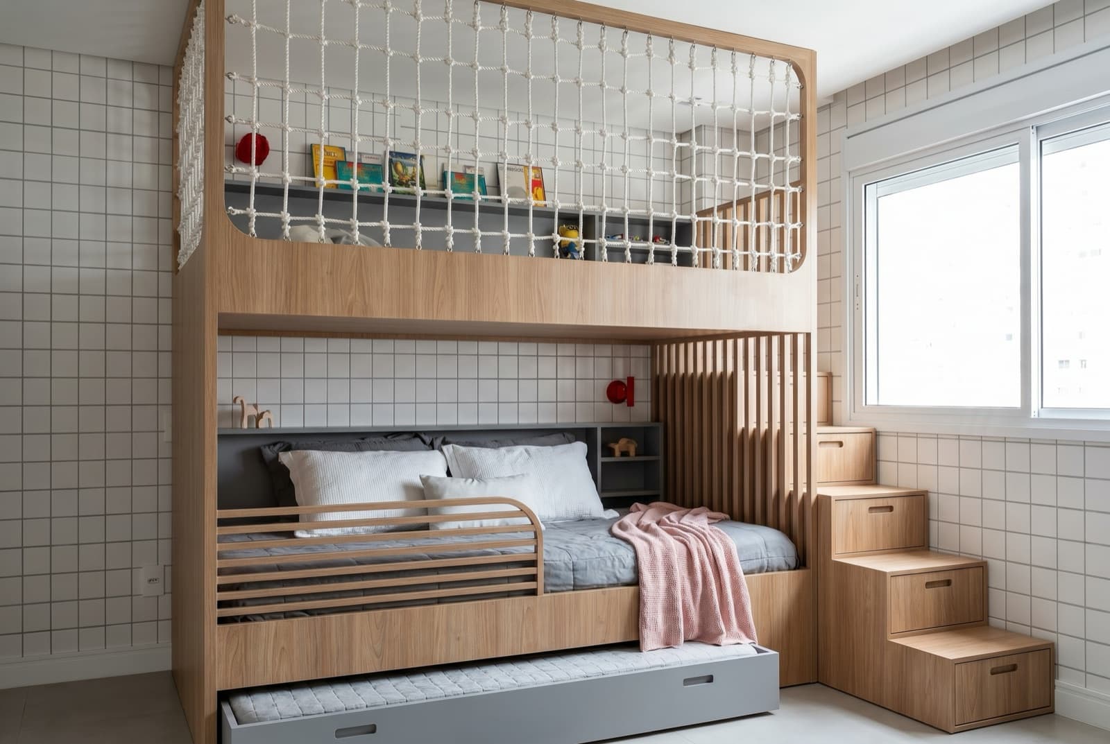 Quarto infantil executado com beliche de marcenaria e rede de proteção